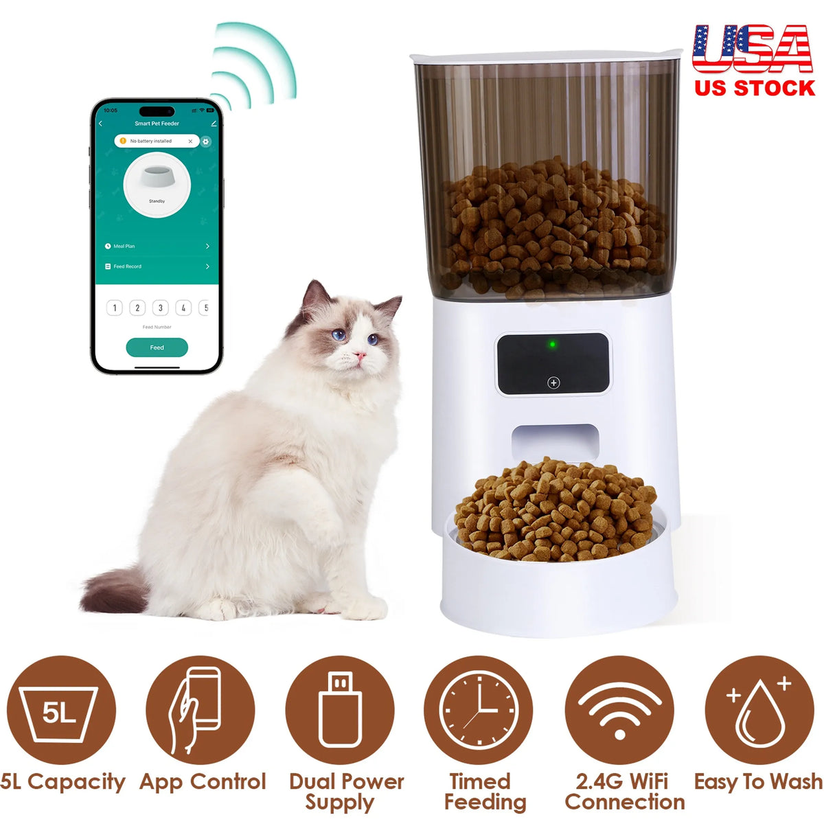 5L Automatic Pet Feeder Timed 2.4G WiFi Cat Feeder