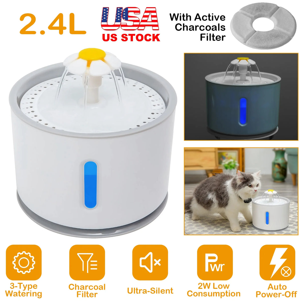 2.4L Automatic Dog Cat Water Fountain Electric LED Pet