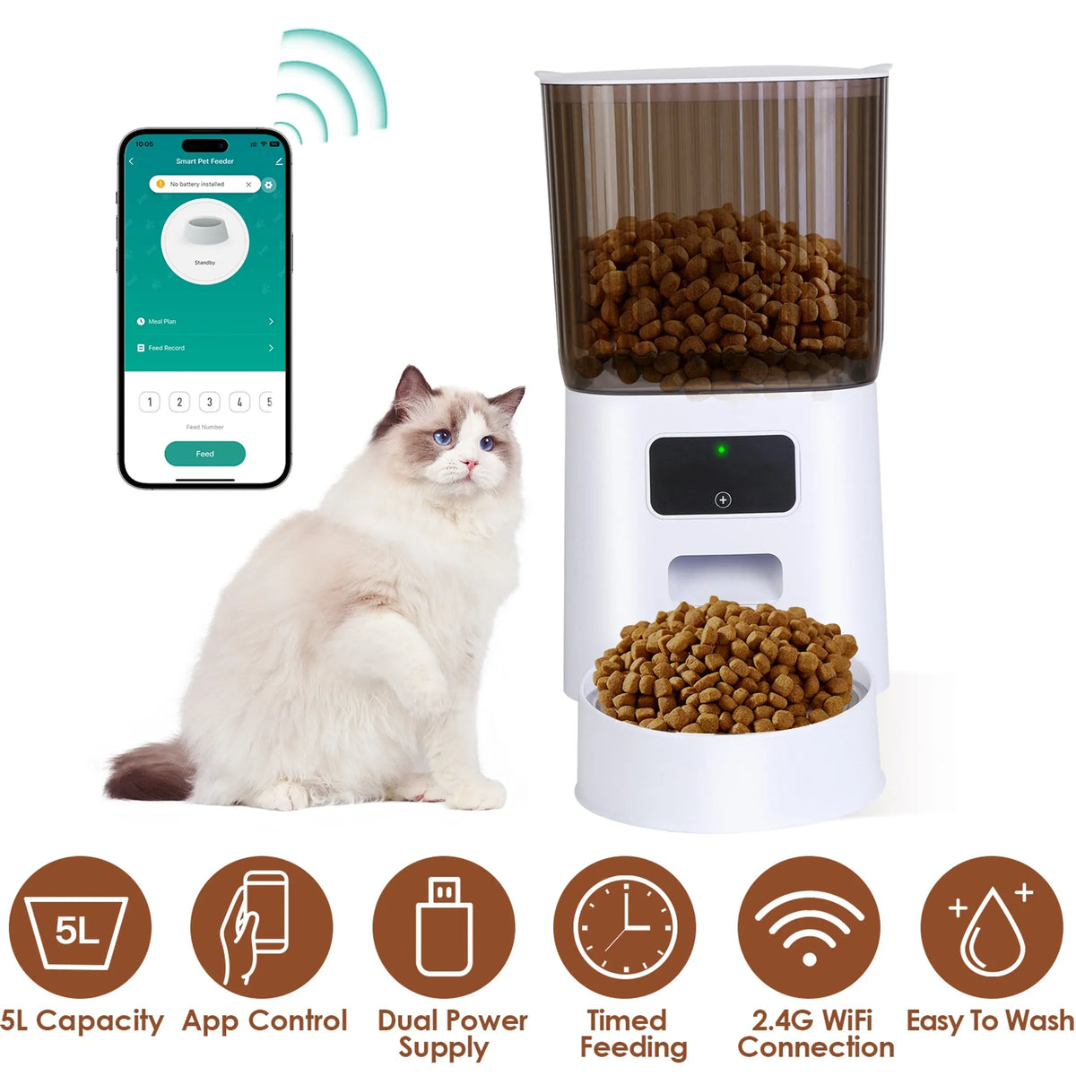 5L Automatic Pet Feeder Timed 2.4G WiFi Cat Feeder