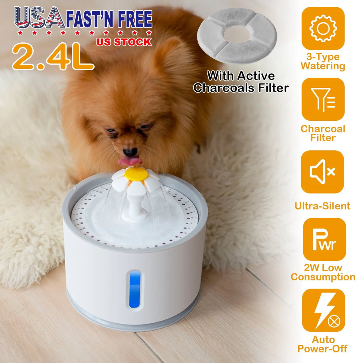 2.4L Automatic Dog Cat Water Fountain Electric LED Pet