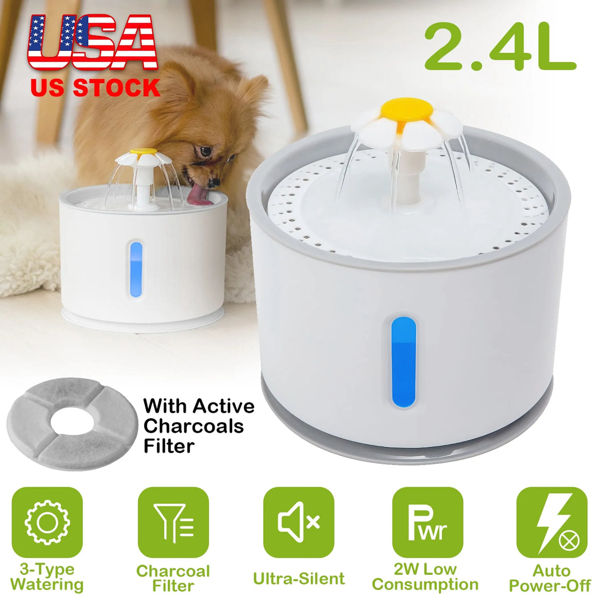 2.4L Automatic Dog Cat Water Fountain Electric LED Pet
